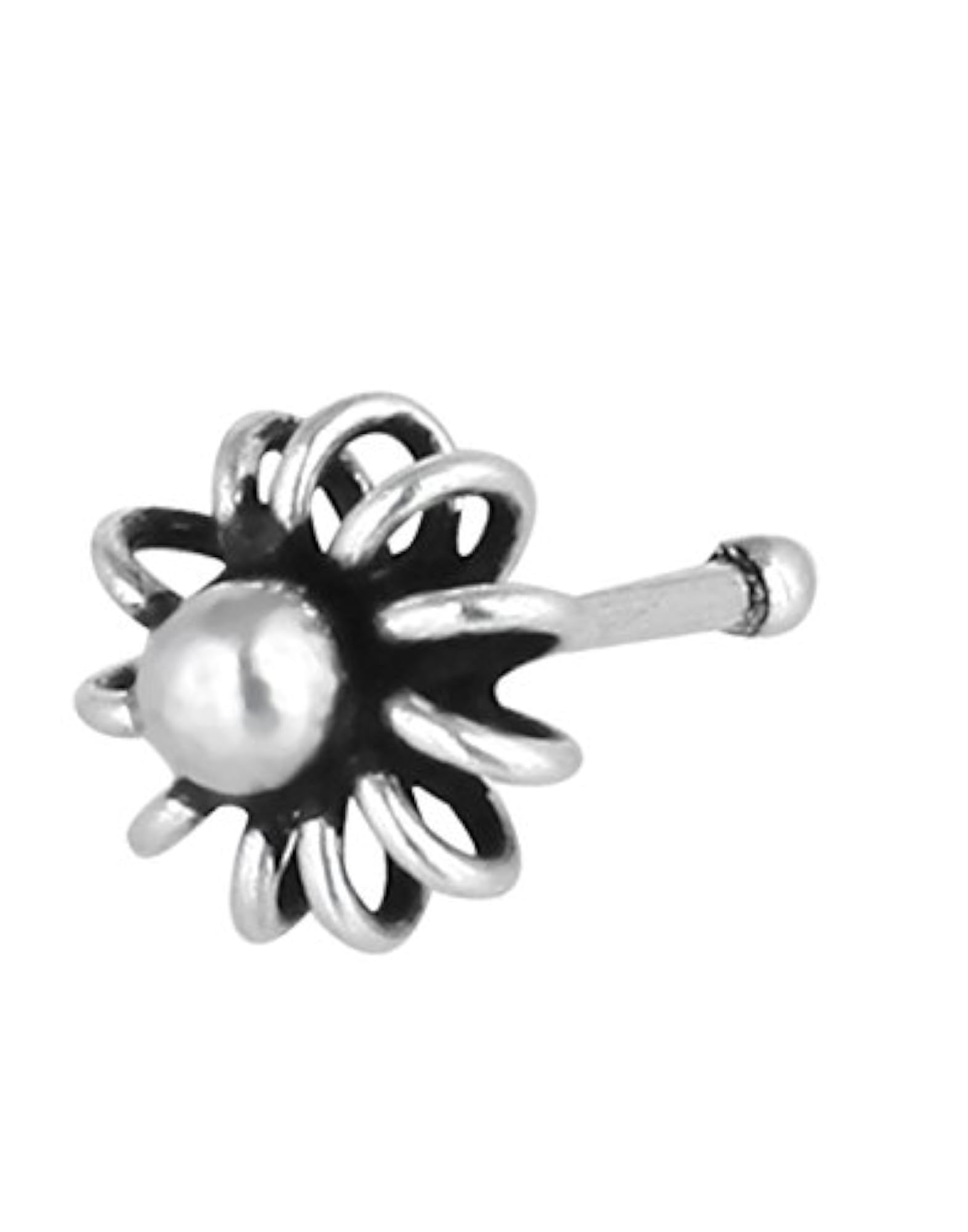Antique Flower Shape Bone Nose Pin in 92.5 Oxidized Silver